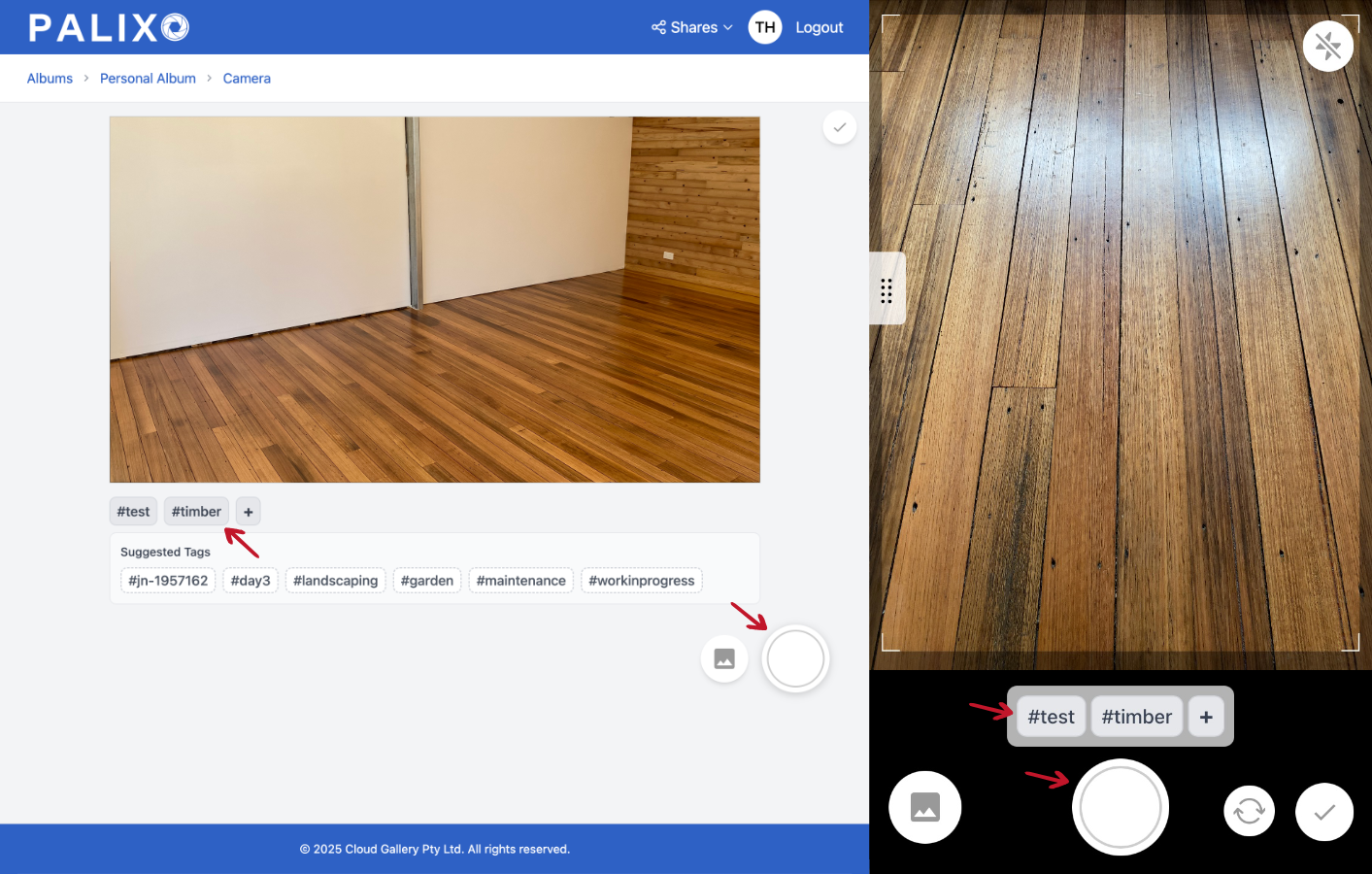 Camera view with tags and capture button highlighted