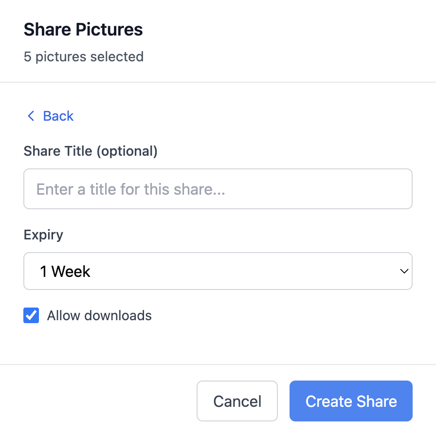 Create share dialog with configuration options