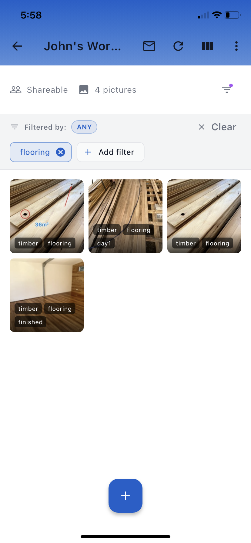 Searching an album as you type, with a tag chip offered and match reasons on the tiles