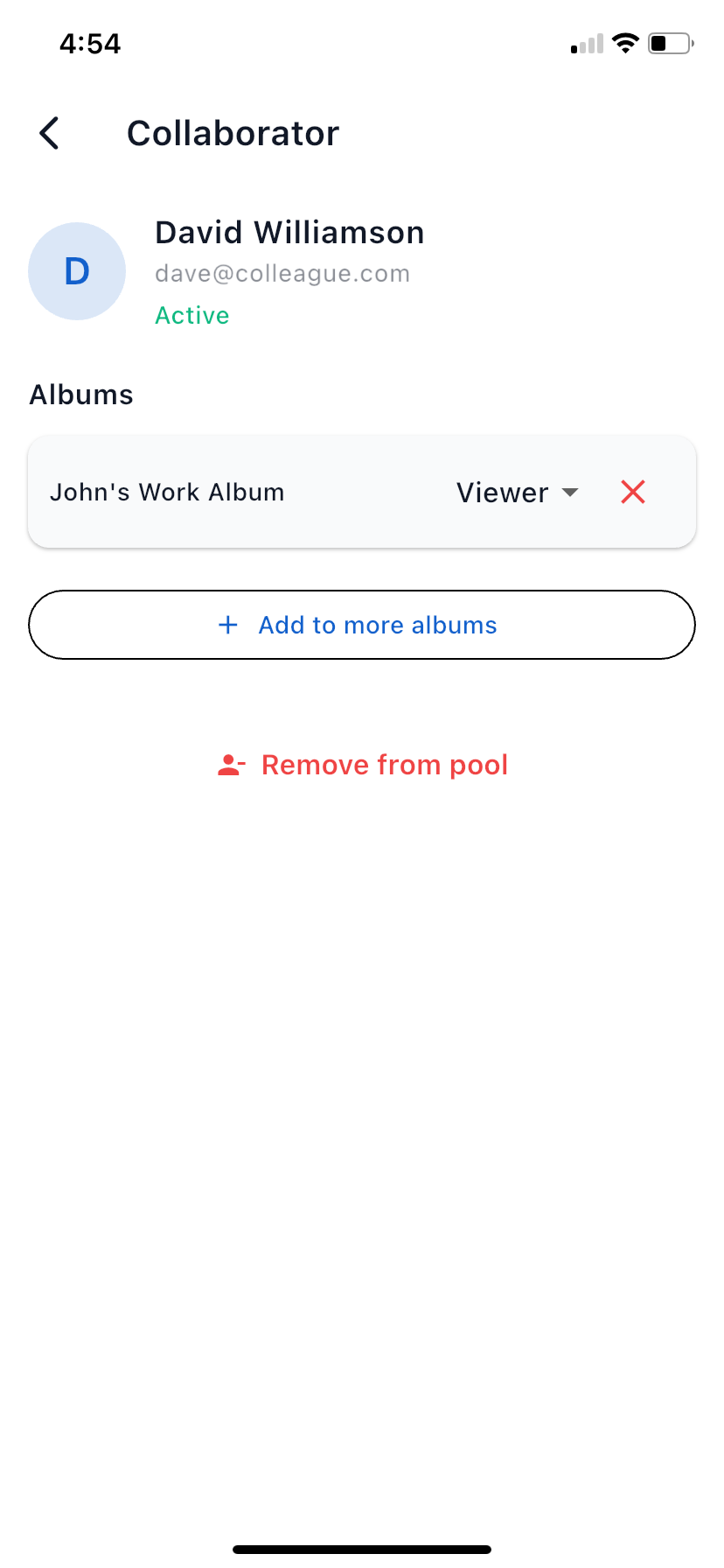 A collaborator's detail screen with per-album access, Revoke, Add to more albums and Remove from pool