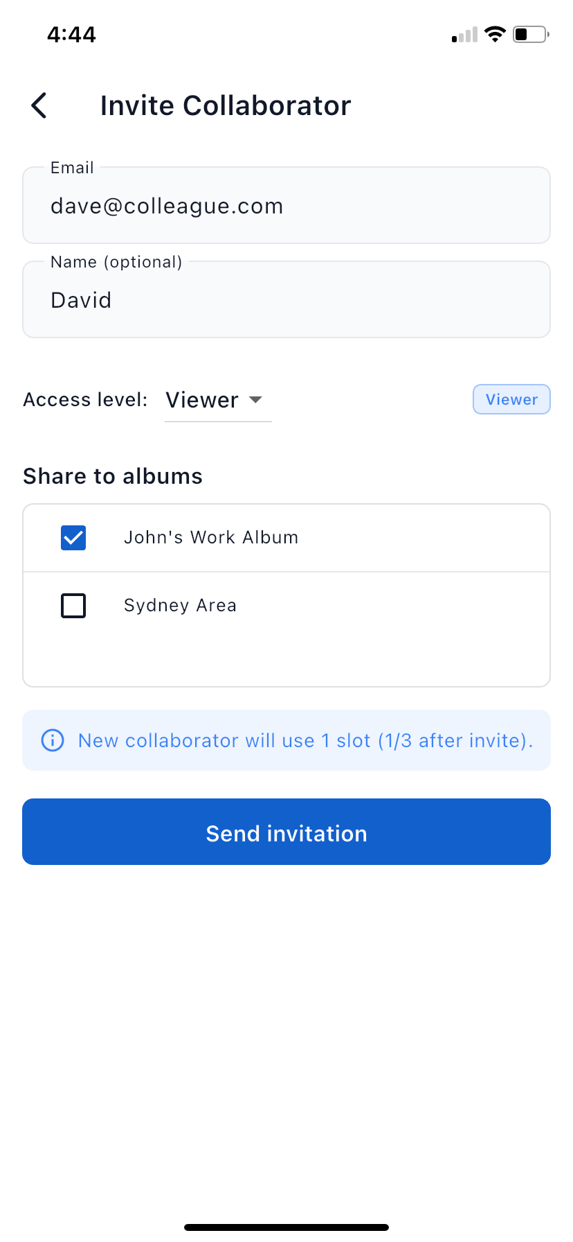 The Invite Collaborator screen