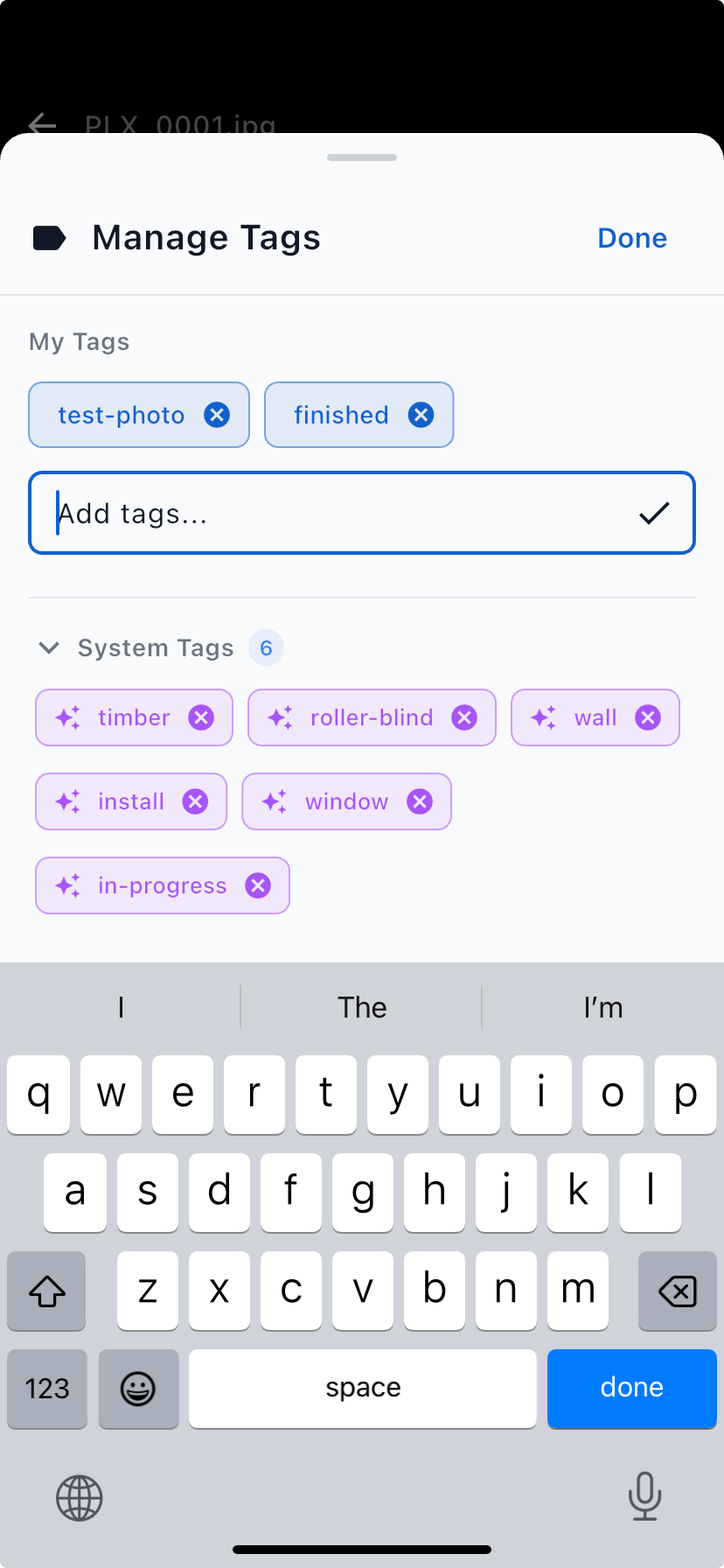 The Manage Tags sheet