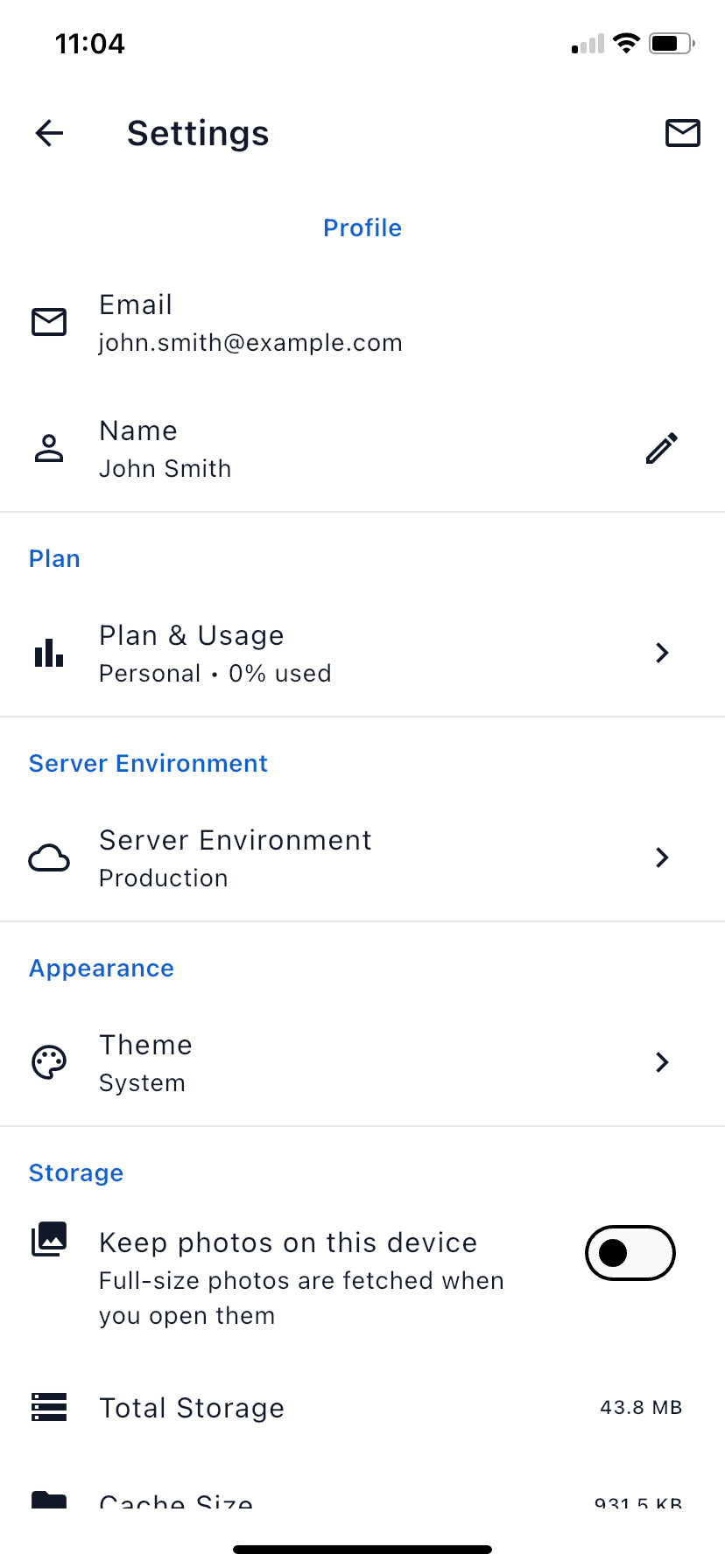 The Settings screen