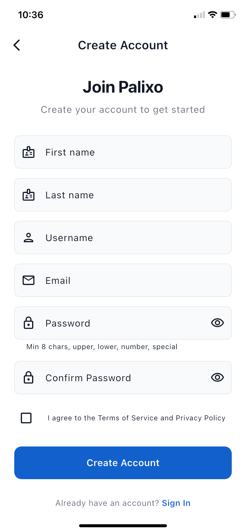 The Create Account screen