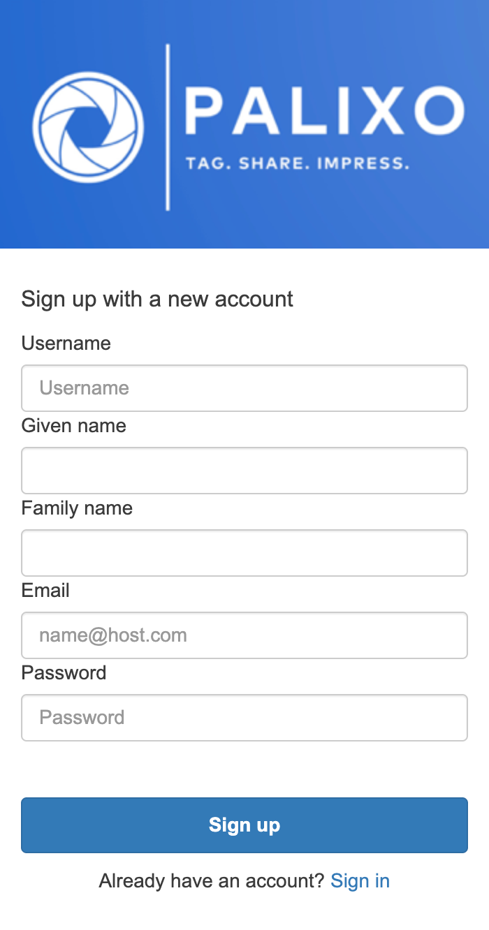 Palixo sign up screen